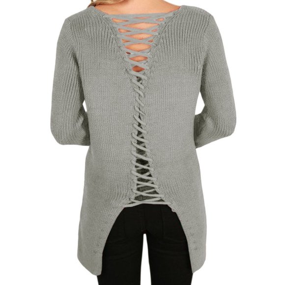 Sweaters - Gray Lace-up back Sweater